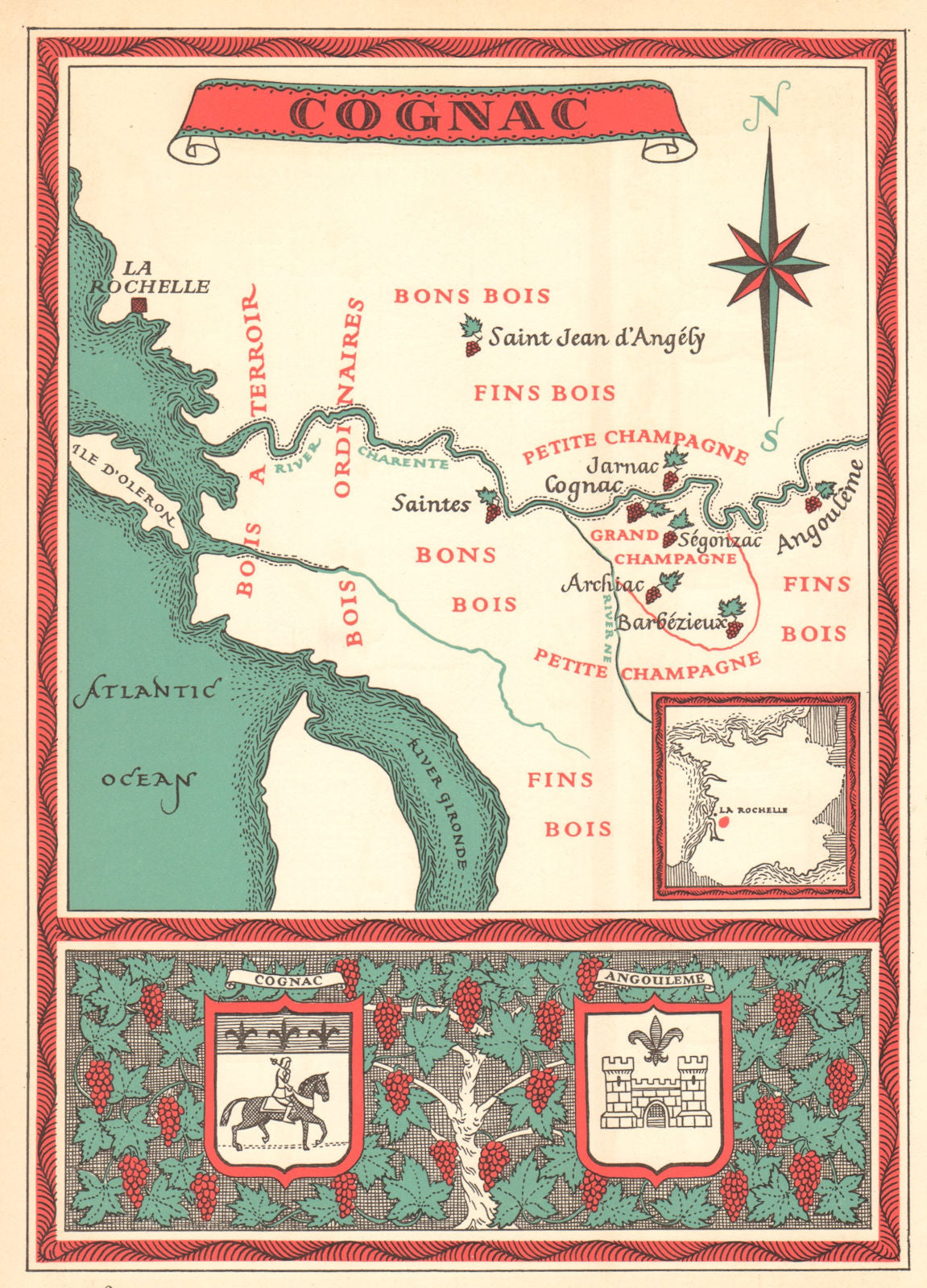 Cognac wine map. Carte vinicole. Charente & Charente-Maritime 1957 old